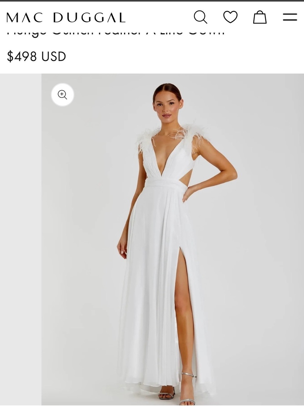 Mac Duggal White Feather-Trim Plunge Maxi Dress